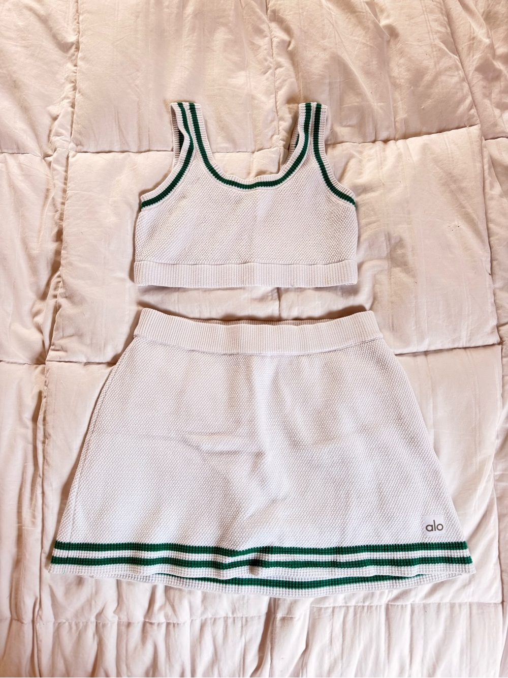 ALO Yoga White Knit Tennis Crop & Skirt Set with Subtle Green Trim - Picture 2 of 5